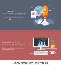 Business start up and business process idea template banners. Start up rocket idea. New business project start up, launching new product or service in flat design