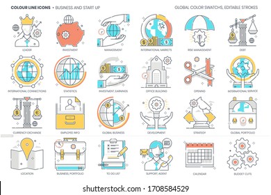 Business and start up related, color line, vector icon, illustration set. The set is about economy, market, office, investment, statistics, economics, finance. The composition is infinitely scalable.