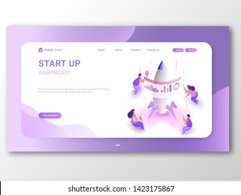 Business Start Up responsive landing page or banner design, illustration of new entrepreneurs working for their startup growth or success.