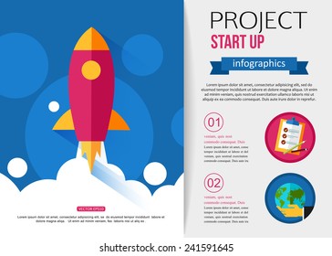 Business start up rocket infographics. Flat style design with place for text.