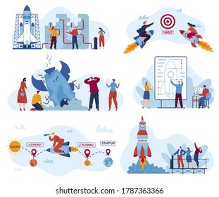 Business start up rocket, motivation concept vector illustration set. Cartoon flat businessman character team planning, launching or flying on rocket spaceship, teamwork idea startup isolated on white