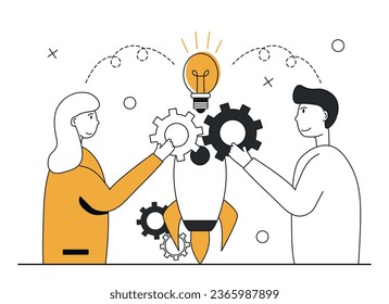 Business start up scene. Сharacters in a team create a new startup. Concept of entrepreneurship, business startup and opportunities.Vector illustration.