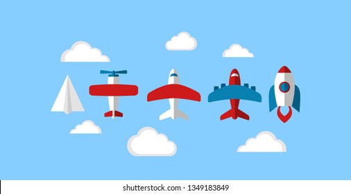 Business start up spaceship rocket, paper plane, airplane and clouds vector cartoon icons. Colorful airplane, paper plane and rocket launch flat icons in red, white and blue.
