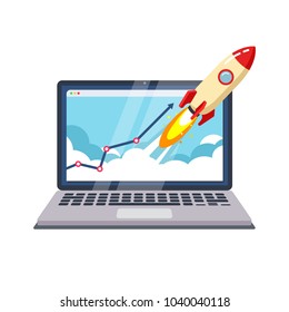 business start up takeoff of a rocket from the monitor, on a transparent background. Flat style vector illustration clipart.