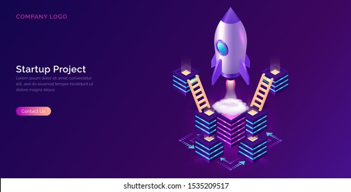 Business start up, innovation infrastructure and support isometric concept vector illustration. Rocket taking off with smoke cloud, datacenter with wooden ladders on ultraviolet background, web banner