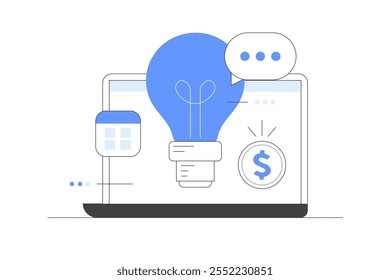 Business Start Up. Project, analyzing business and finance data. Digital marketing concept. Laptop with light bulb. Flat Cartoon Vector Illustration, icon. Stylish abstract