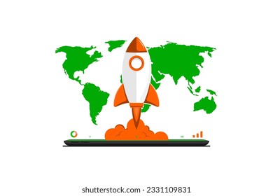 Business start up, Rocket fly with global map, computer device on isolated background, Digital marketing illustration.