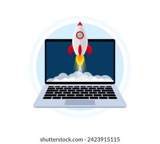 Business start up. Rocket launch from laptop screen. Rocket taking off. Business start up, launching new product or service. Successful start-up launch new business project. Vector illustration