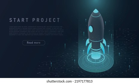 Business start up. Rocket takes off. Entrepreneur starts project. Financial Literacy and Economics. Innovations and modern technologies. Poster or banner. Cartoon isometric vector illustration