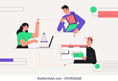 Business start up, teamwork, business concept. Business chain creation, rockets flying out of a laptop, man holding an abstract puzzle in his hands. Flat style vector illustration.