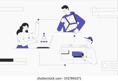 Business start up, teamwork, business concept. Business chain creation, rockets flying out of a laptop, man holding an abstract puzzle in his hands. Modern flat outline style.