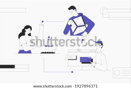 Business start up, teamwork, business concept. Business chain creation, rockets flying out of a laptop, man holding an abstract puzzle in his hands. Modern flat outline style.