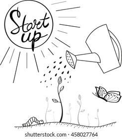 Business start up. Vector illustration. Concept of start up: young sprout. Lettering