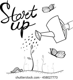 Business start up. Vector illustration. Concept of start up: young sprout. Lettering