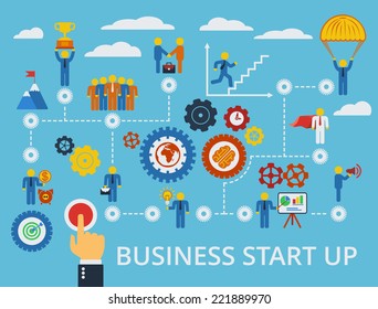 Business start up. Vector scheme with humans, icons and gears.