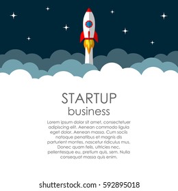 Business start up vector concept. Launching new project. Rocket heads into space.