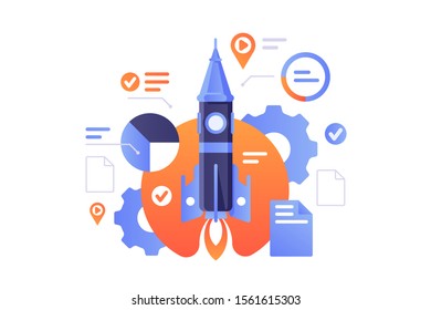 Business start up vector illustration. Successful rocket launch of new biz project. Documents, diagram, settings icon. Spaceship flight, promotion seo flat style design.