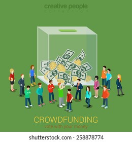 Business starter idea web crowdfunding platform volunteer concept flat 3d isometric infographic. Group of donors putting money to box. Crowd funding process illustration. Creative people collection.