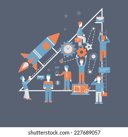 Business starting rocket flat design infographics process concept template vector banner illustration. Rocket launch from hand palm and business creation starting process connections.