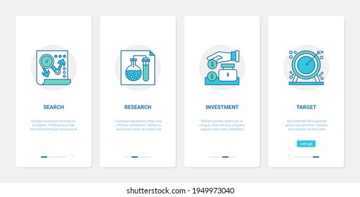 Business startup analysis research, development and investment technology vector illustration. UX, UI onboarding mobile app page screen set with line hand investing money bag to develop business goal