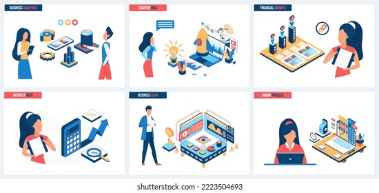 Business startup analytics, financial growth and HR management set vector illustration. Cartoon tiny office people launch rocket of new ideas, work with data charts and interest rate operations
