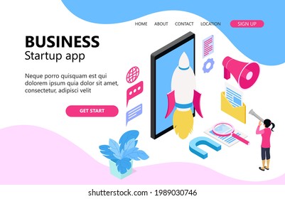 Business startup application illustration, a woman looking at a rocket being launched with binoculars. Isometric vector illustration design concept.