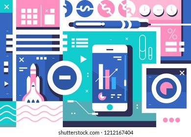 Business startup background. Mobile application statistic graph and diagram. Successful strategy concept. Flat. Vector illustration.