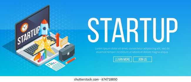 Business startup banner. Isometric template with a launch rocket. Business concept web infographics. Highly detailed vector illustration