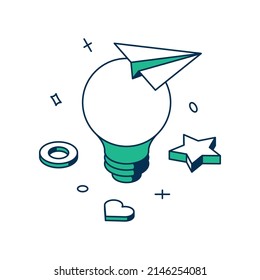 Business startup brainstorming innovation idea glowing light bulb 3d icon isometric vector illustration. Corporate profit strategy development discovery imagination improvement company solution