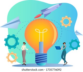 Gründung, Brainstorming.Entwicklung des Projekts durch Personen, die in der Nähe der elektrischen Lampe stehen.Eine Metapher für Teamwork, Einheit und Teamgeist.Flat Vektorgrafik.