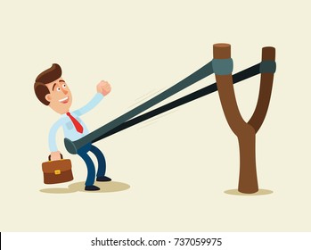 Business startup. Businessman in a slingshot ready to launch to target. Business vector illustration, flat, cartoon.