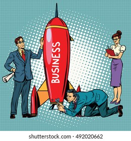 business startup, businessmen and businesswomen launch a rocket, pop art retro vector illustration