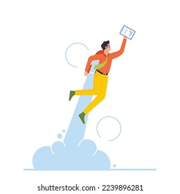 Business Startup, Career Boost and Growth Concept. Cheerful Businessman Take Off with Jet Pack. Office Worker Character Flying Up by Rocket on Back, Start Up Takeoff. Cartoon Vector Illustration