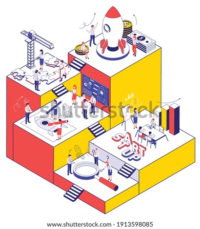 Business startup color background with active people searching loupe puzzle pieces and gear wheels  isometric icons vector illustration