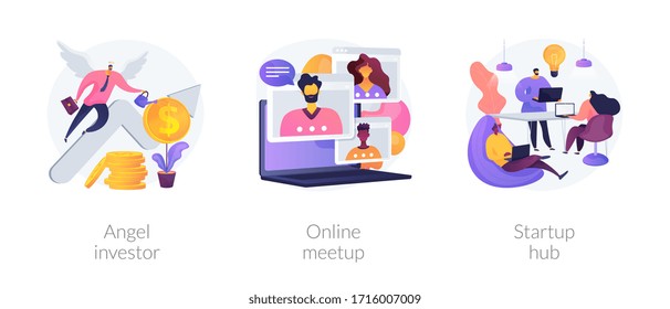Business startup   communication abstract concept vector illustration set  Angel investor  online meetup  startup hub  financial support  online crowdfunding  entrepreneurship abstract metaphor 