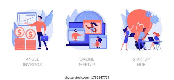 Business startup   communication abstract concept vector illustration set  Angel investor  online meetup  startup hub  financial support  online crowdfunding  entrepreneurship abstract metaphor 