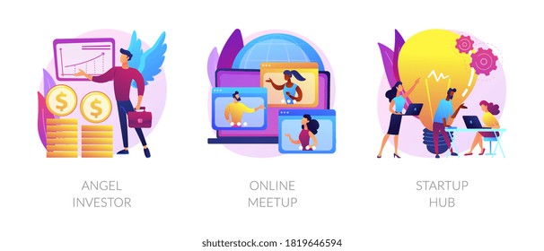 Business startup and communication abstract concept vector illustration set. Angel investor, online meetup, startup hub, financial support, online crowdfunding, entrepreneurship abstract metaphor.