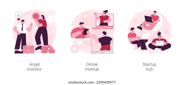 Business startup and communication abstract concept vector illustration set. Angel investor, online meetup, startup hub, financial support, online crowdfunding, entrepreneurship abstract metaphor.