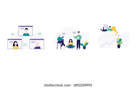 Business Startup And Communication Concept Colorful Vector Illustration Set. Online Meetup, Startup Community, Investor Metaphor.