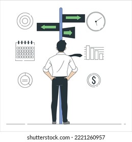 Business startup composition with directions symbols. Confused businessman on crossroad looks at sign board choosing direction. Pensive man standing and making business decision. Person choosing work 