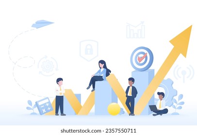 Business startup concept. Analysis data, market trends, growth management, tactical plan, strategy improvement, development for success. Flat vector design illustration.