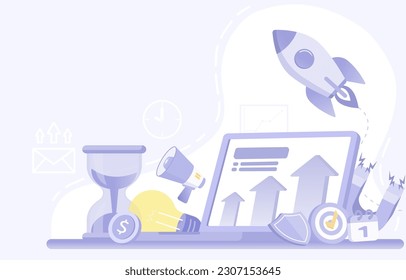 Business startup concept. Arrow pointing up means business start up. Symbolic elements of strategy management, tactical planning, goals and target to achieve success. Flat vector design illustration.