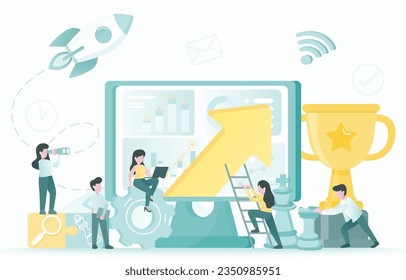 Business startup concept. Arrow pointing up, strategy management, tactical planning, analysis data, competition, opportunity, goals and target to achieve success. Flat vector design illustration.

