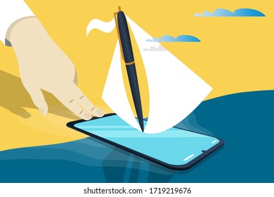 Concepto de emprendimiento de negocios, banner, presentación, medios sociales. Metáfora el proceso de lanzar un proyecto de negocio como un barco navegando en un gran viaje, inversión, inversión de riesgo, ángel de negocios.