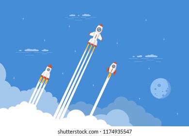 Business startup concept banner. Rocket launch. Flat ctyle illustration.