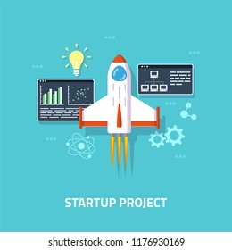 Business startup concept banner. Rocket launch. Flat ctyle illustration.