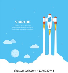 Business startup concept banner. Rocket launch. Flat style illustration.