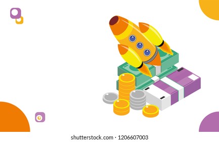 Diseño de plantillas web basadas en el concepto Business Startup con pila de monedas, paquete de dinero y cohete sobre fondo abstracto.