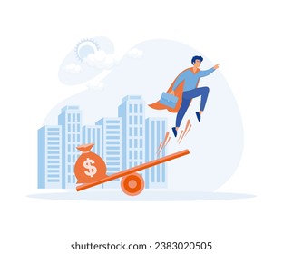 Business startup concept. businessman flying up and a bag full of money on a scale, with a building background, flat vector modern illustration