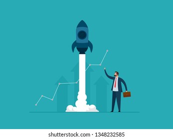 Business startup concept. Businessman successfully launches rocket. Flat vector illustration.